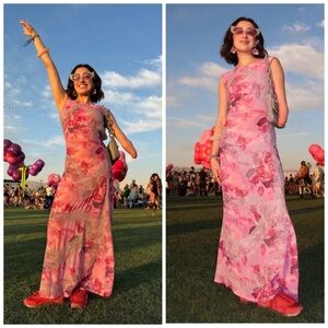 Oceanus Bea Beaded Printed Chiffon Dress Pink‎ Embellished Maxi Floral Medium